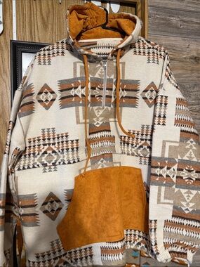 Southwestern Aztec Pullover Hoodie in Cream & Rust